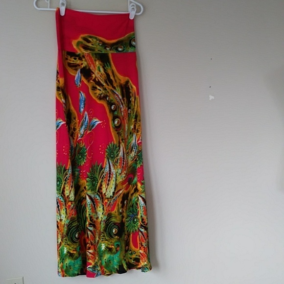 NWT Julia Silk Blend Tropical Maxi Fun Beachy Vibe Skirt S/M Red Yellow - Picture 9 of 16
